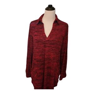 New Directions Large Red Heathered V-Neck Collared Long Sleeve Top